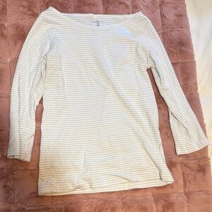 Striped Boatneck Long-Sleeve Top - White with Light Gray Stripes from brandy